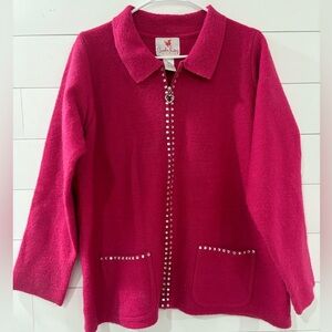 Quacker Factory Pink Wool Rhinestone Zip Front Cardigan Sweater jacket  Size‎ L
